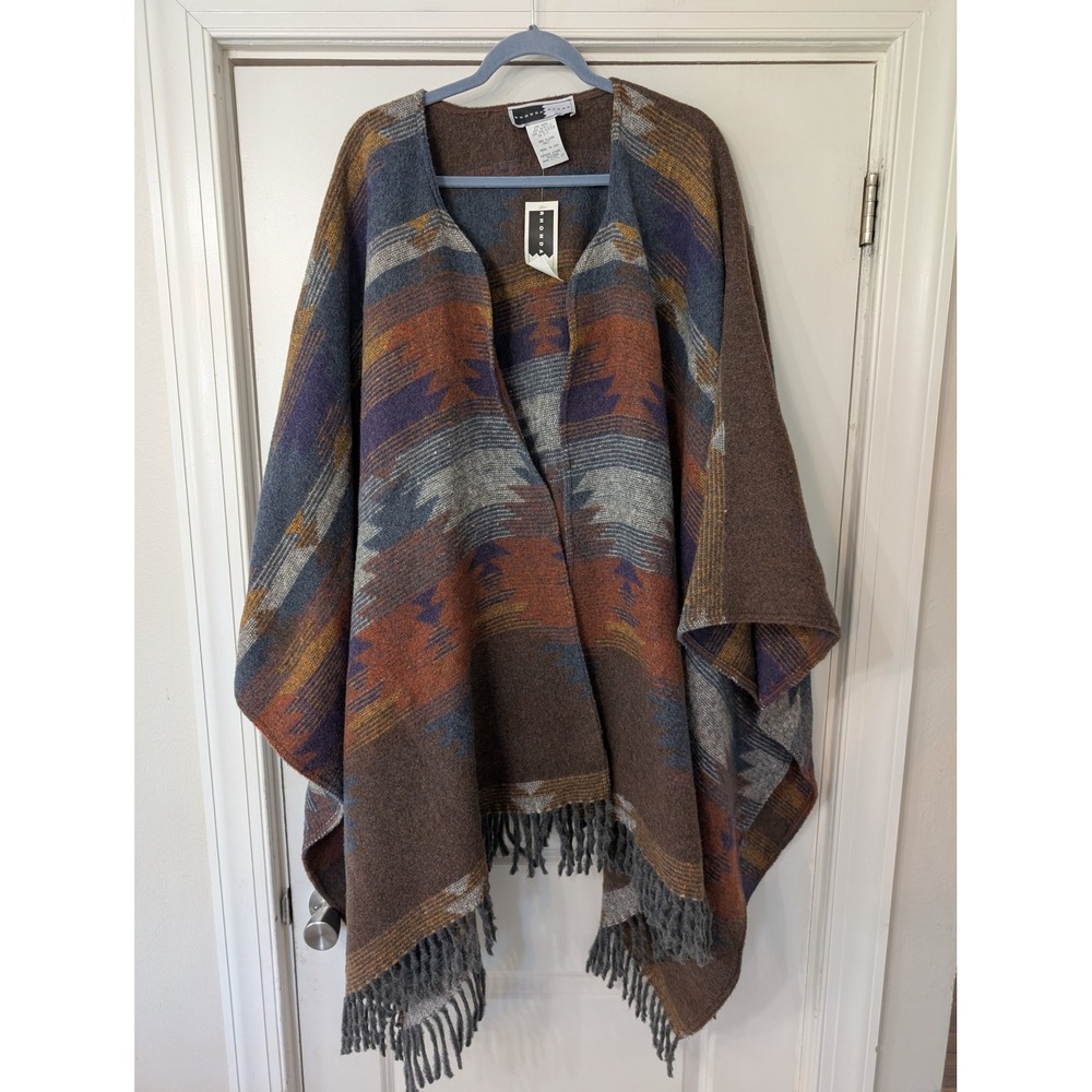 Rhonda Stark Sunset Fringe Cape Southwestern‎ Wool Blend Poncho Brown OS NEW